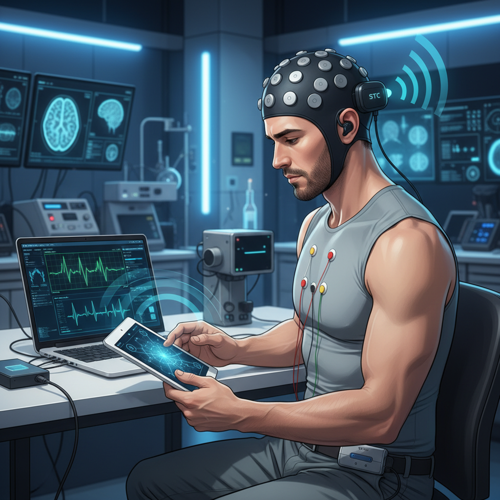 Subject wearing MindFront full sensor suite — EEG headcap, ECG leads, and ear-lobe oximeter — while completing the NIHTB-CB on a tablet